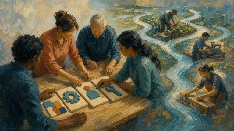 Painterly adult learners arrange modular lessons that flow into practical work pathways, representing community college AI career training.