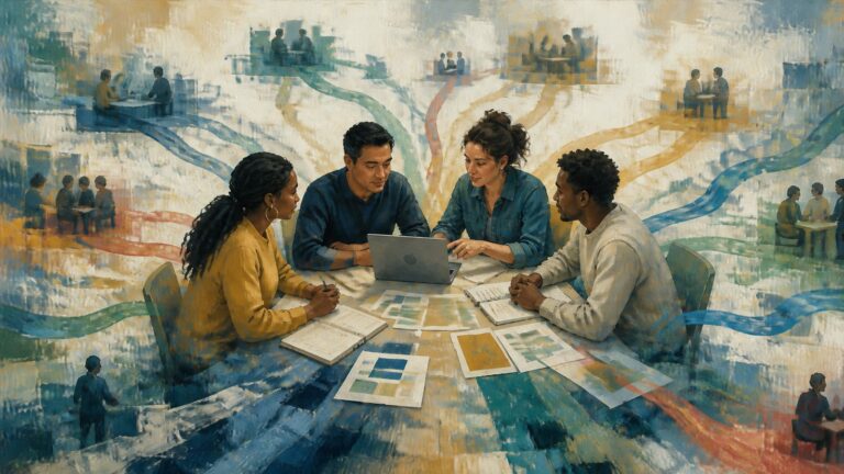 Painterly community-college learners share practical course materials while learning pathways connect groups across a wider education network.