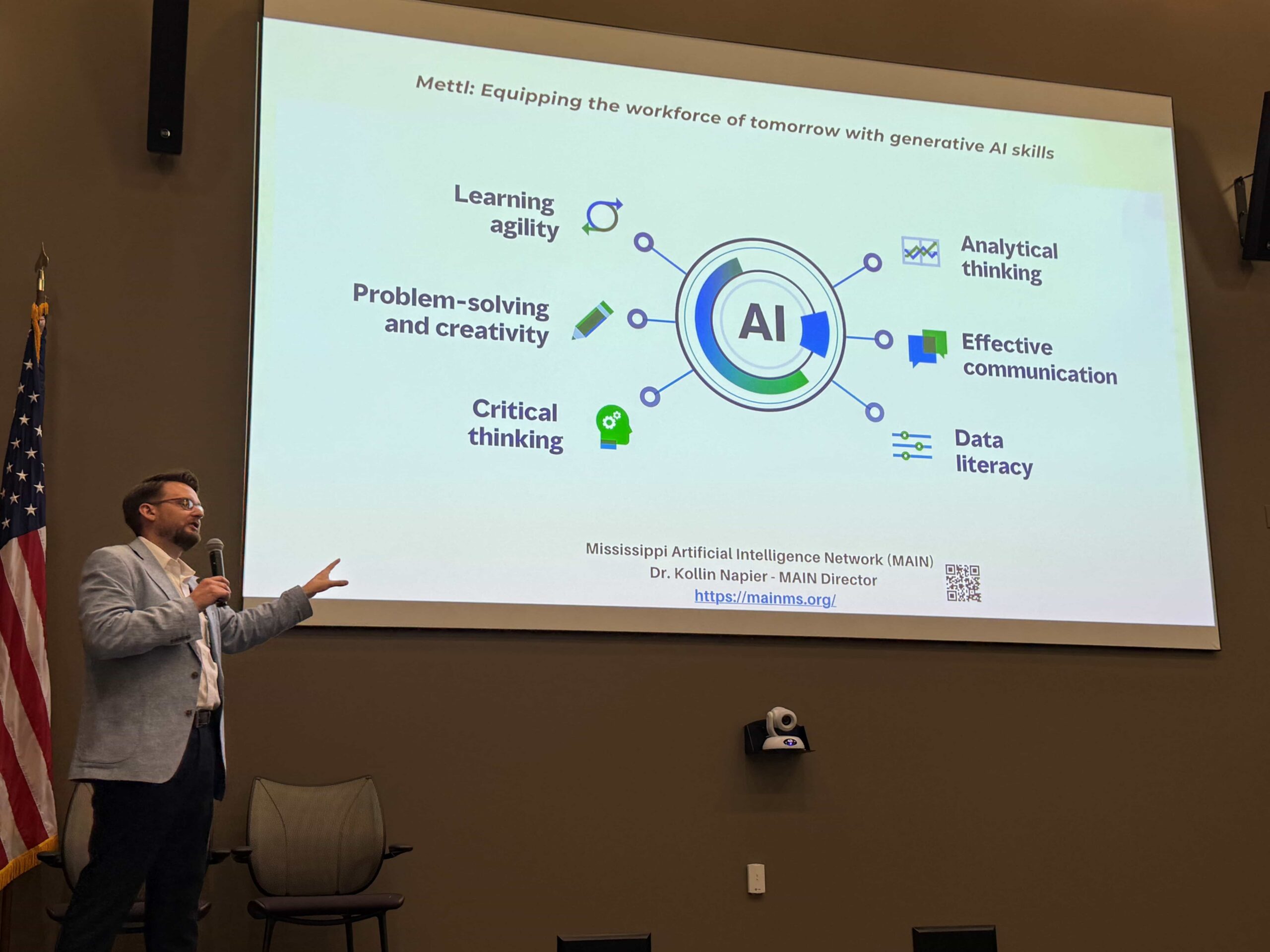 Dr. Kollin Napier presents on the Mississippi Artificial Intelligence Network (MAIN) during the ERDC Vicksburg engagement