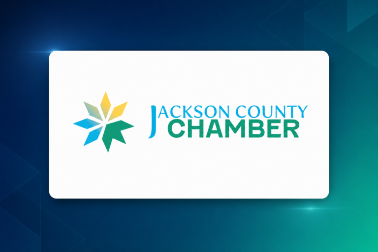 Jackson County Chamber of Commerce logo on a crop-safe blue and teal background