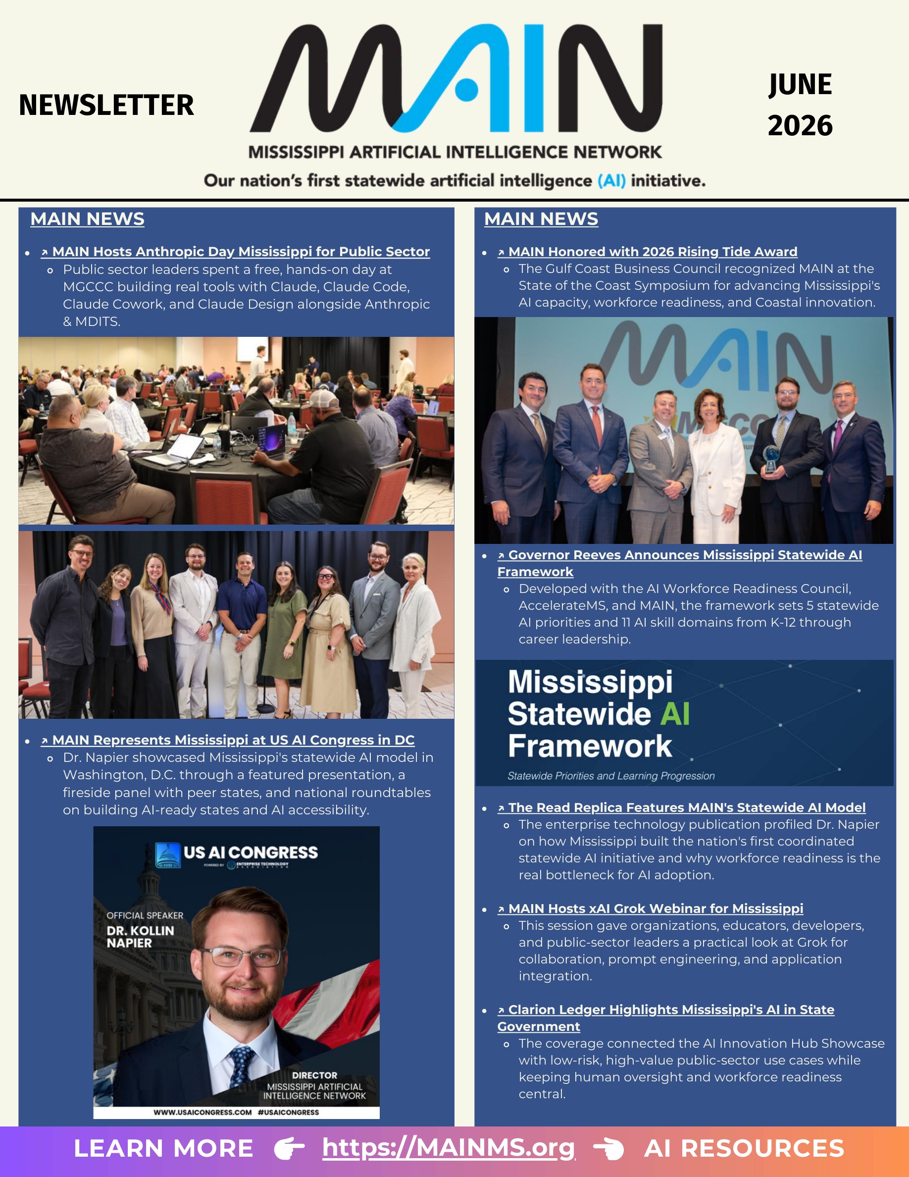 June 2026 MAIN newsletter cover featuring Anthropic Day Mississippi and the Rising Tide Award