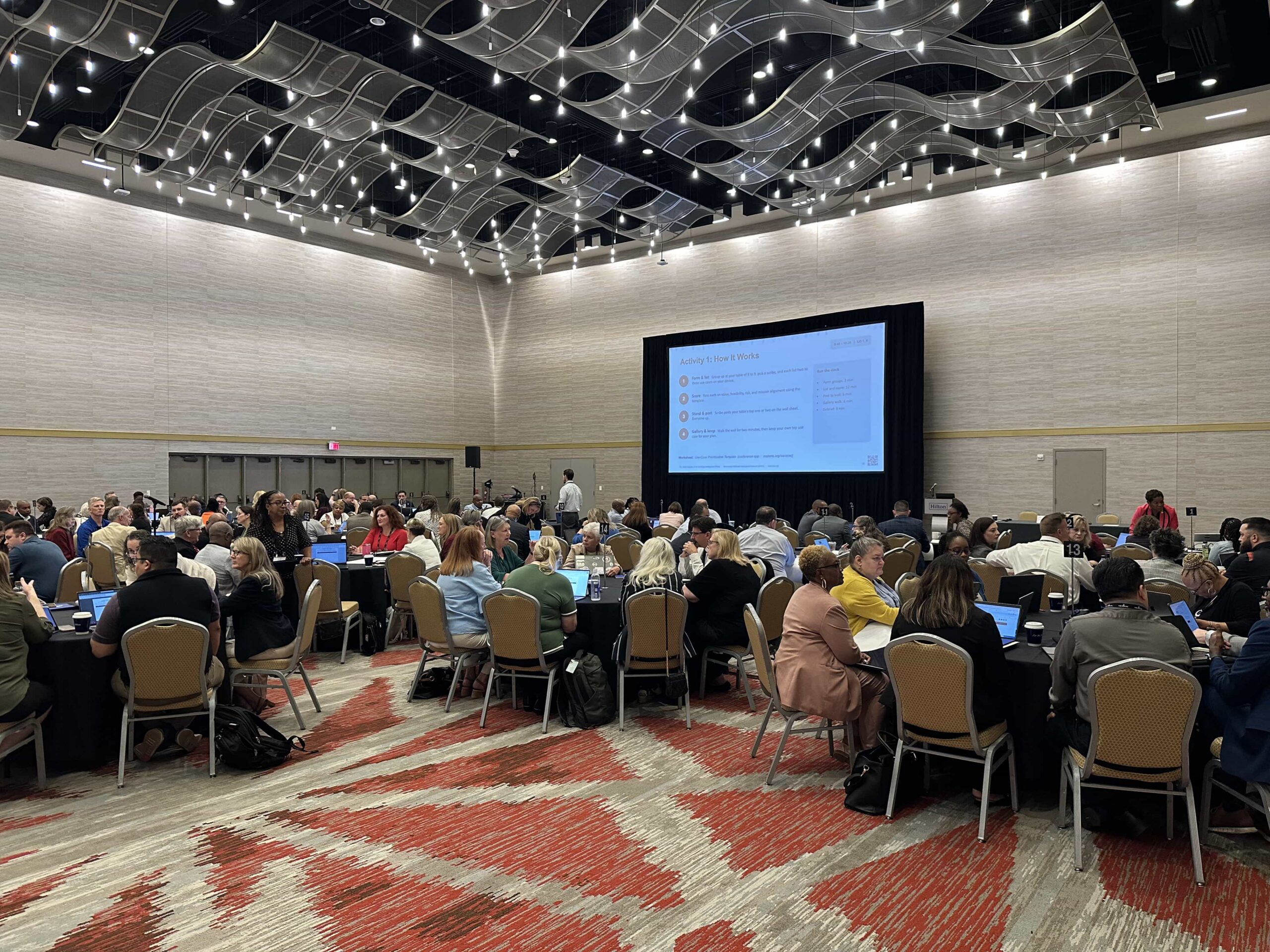 Higher education leaders work in table groups during Dr. Kollin Napier's SACSCOC Summer Institute AI session in Atlanta