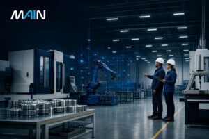 Two manufacturing professionals review AI-supported production information in a modern factory.