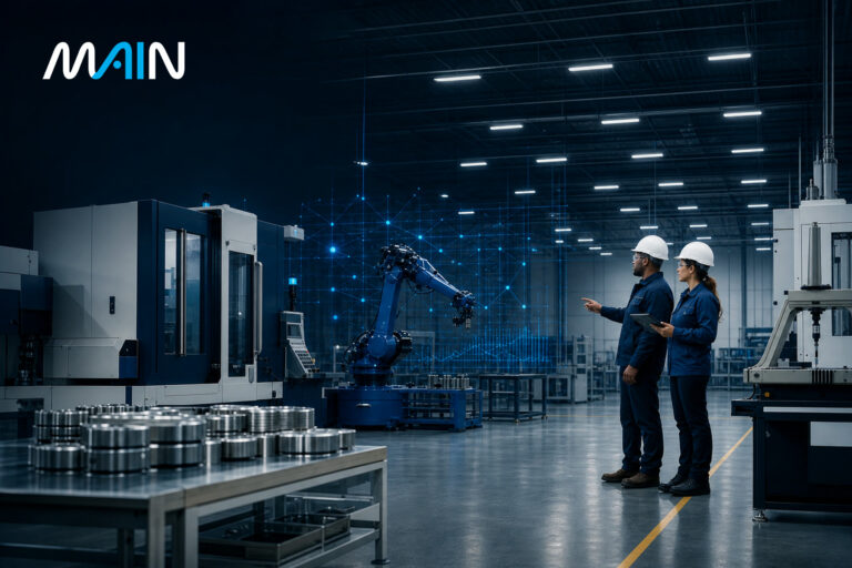 Two manufacturing professionals review AI-supported production information in a modern factory.