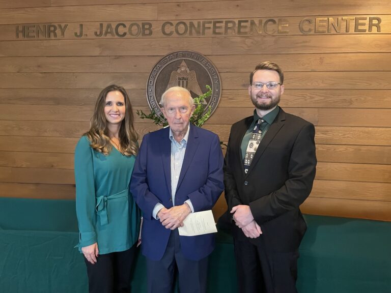 From left, Dr. Merideth Van Namen, Delta State University President Emeritus Dr. Kent Wyatt, and Dr. Kollin Napier at the 2024 Kent Wyatt Distinguished Lecture.