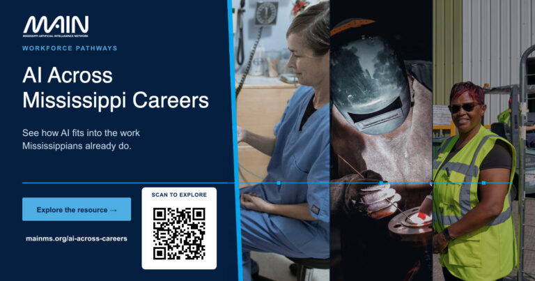 AI Across Mississippi Careers graphic featuring healthcare, welding and transportation workers representing career exploration across Mississippi sectors.