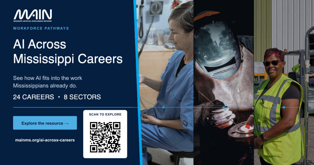 AI Across Mississippi Careers graphic featuring healthcare, welding and transportation workers representing career exploration across Mississippi sectors.