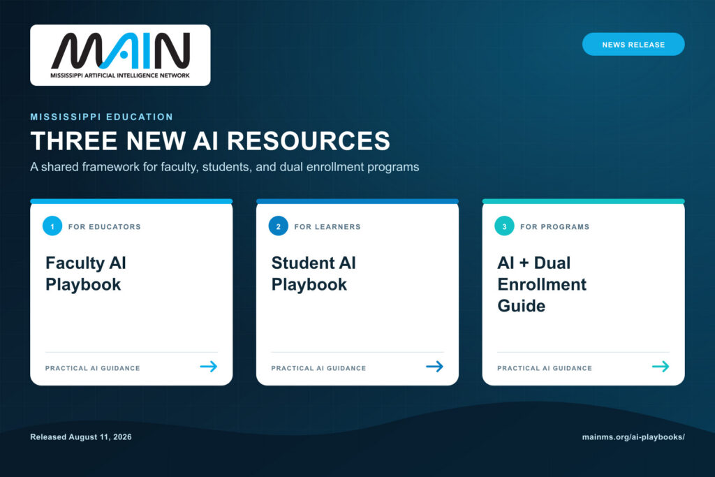Three MAIN AI resources for Mississippi education: Faculty AI Playbook, Student AI Playbook, and AI + Dual Enrollment Guide