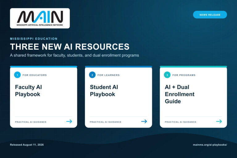 Three MAIN AI resources for Mississippi education: Faculty AI Playbook, Student AI Playbook, and AI + Dual Enrollment Guide