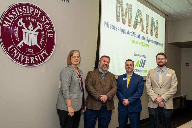 Julie Jordan, Reuben Burch, Jonathan Woodward and Kollin Napier at the Mississippi Artificial Intelligence Network kickoff at Mississippi State University
