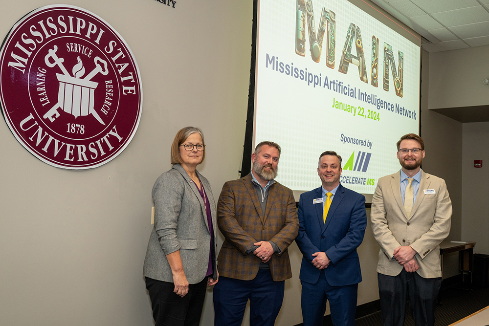 Julie Jordan, Reuben Burch, Jonathan Woodward and Kollin Napier at the Mississippi Artificial Intelligence Network kickoff at Mississippi State University