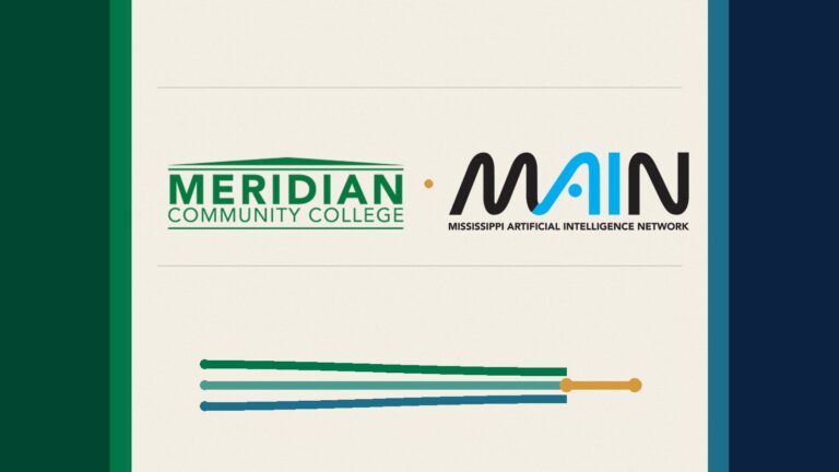Meridian Community College and Mississippi Artificial Intelligence Network logos connected by three converging course pathways.