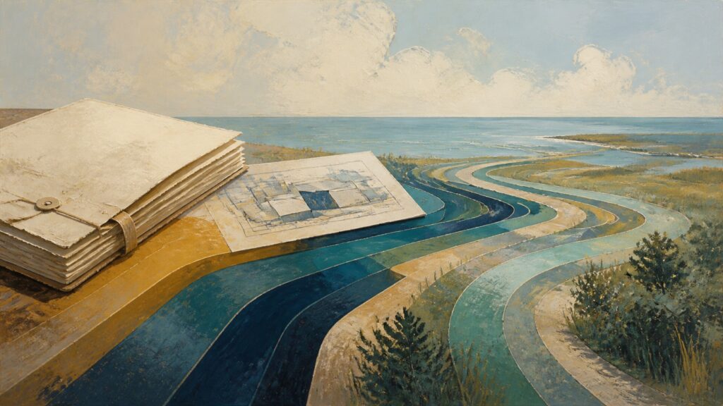 Painterly grant folio and coastal pathways represent RESTORE Act funding becoming shared AI infrastructure on the Gulf Coast.