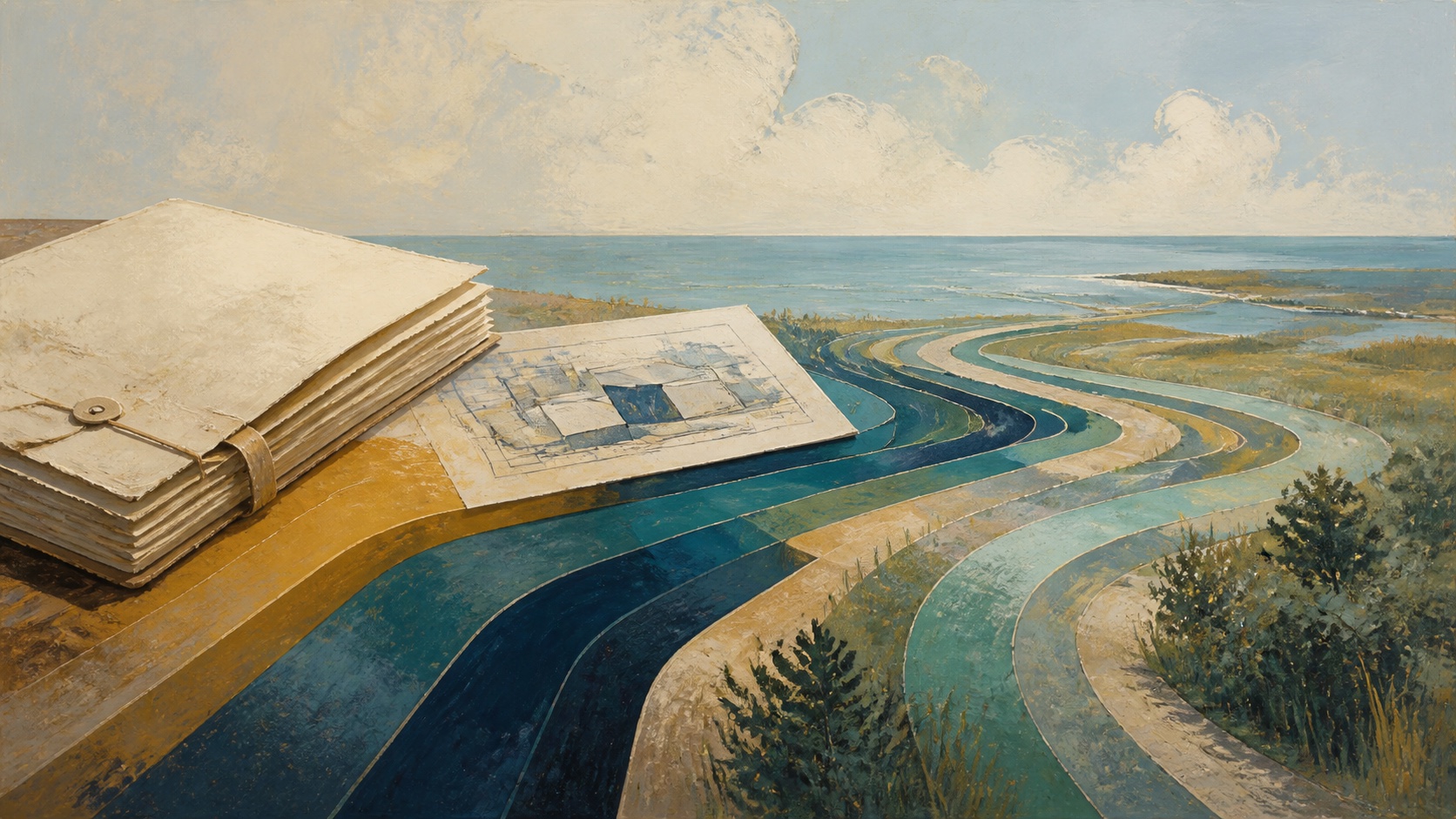 Painterly grant folio and coastal pathways represent RESTORE Act funding becoming shared AI infrastructure on the Gulf Coast.