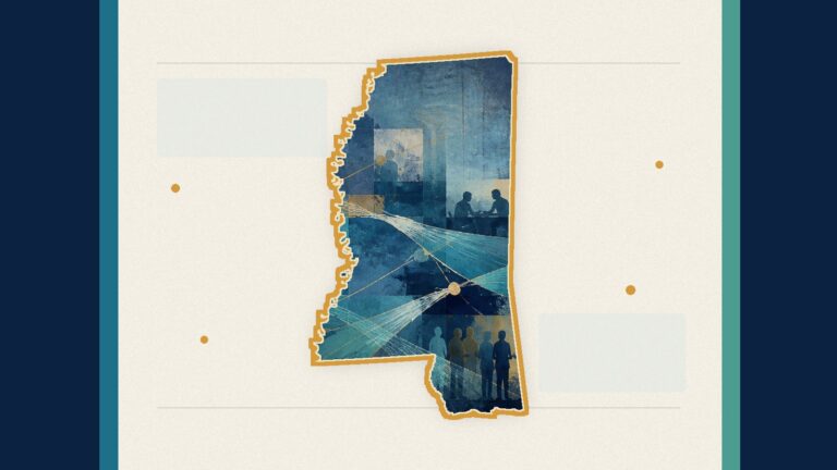 Accurate outline of Mississippi filled with painted blue pathways, people, and gold connection points representing AI and cybersecurity collaboration.