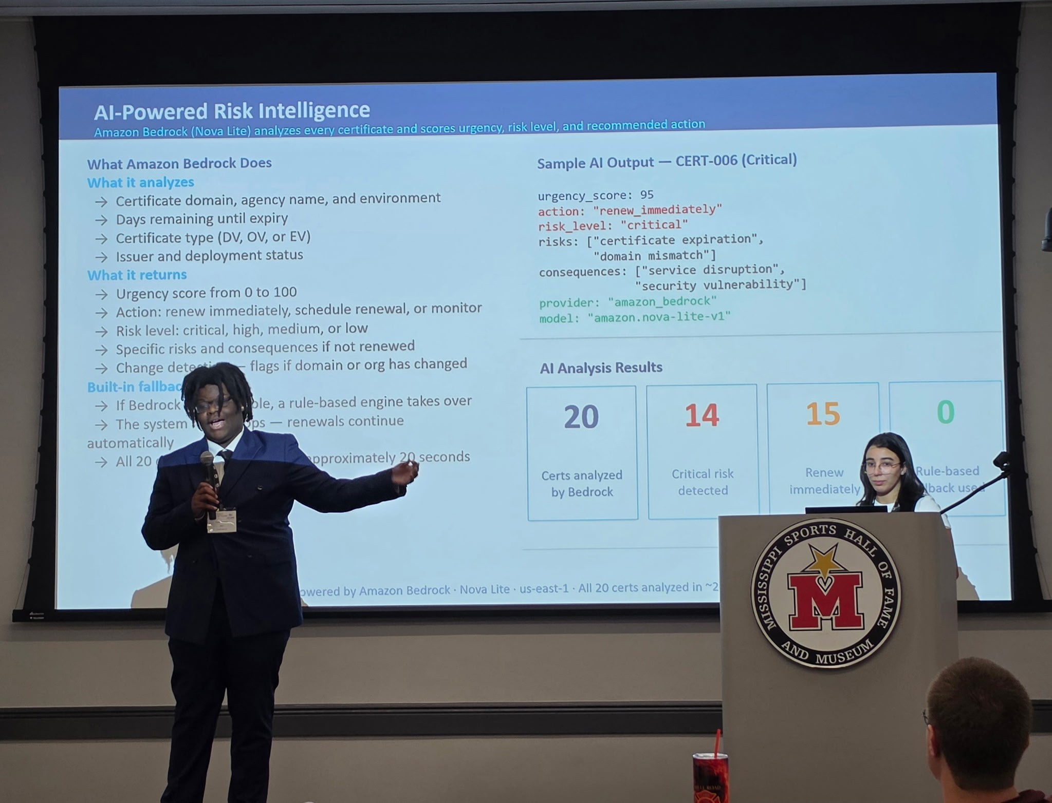 Students demonstrate an AI-powered risk intelligence workflow at the 2026 Mississippi AI Innovation Hub Showcase.