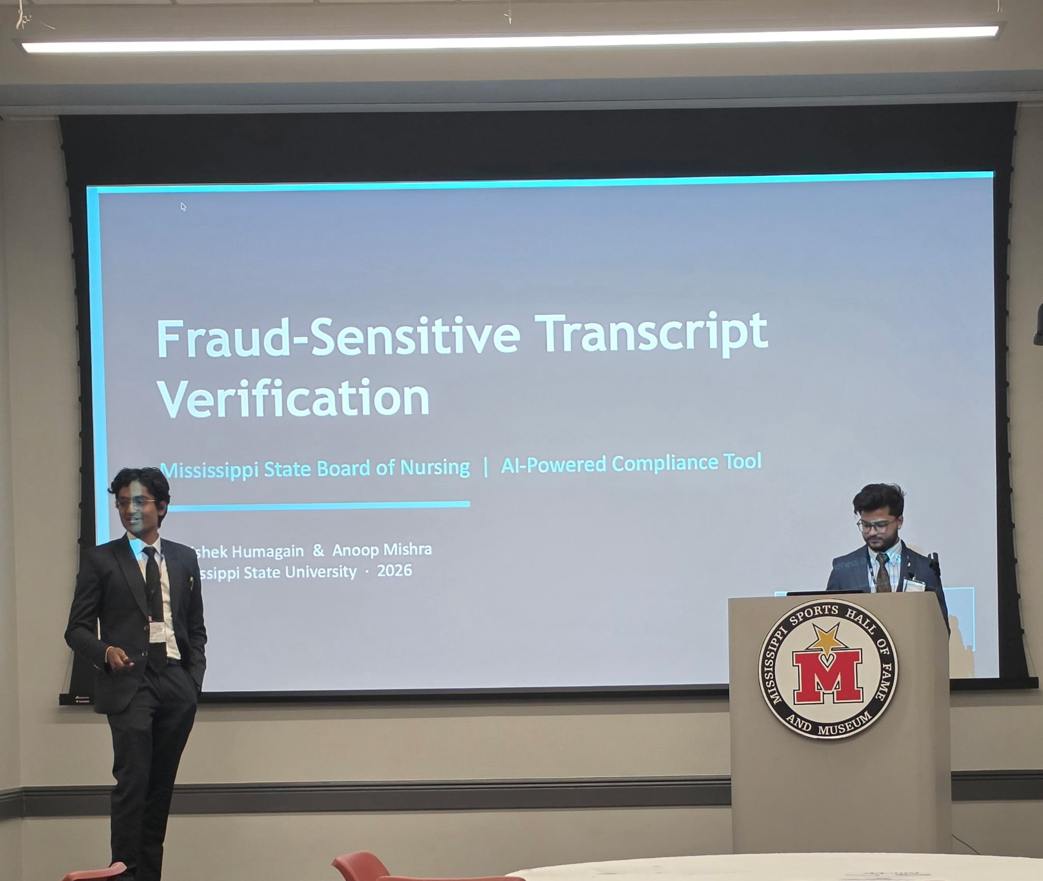Students present a fraud-sensitive transcript verification proof of concept at the 2026 Mississippi AI Innovation Hub Showcase.