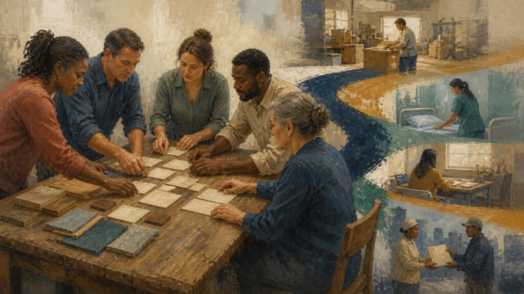 Painterly group of adult learners organizes practical materials as pathways extend into Mississippi workplaces.