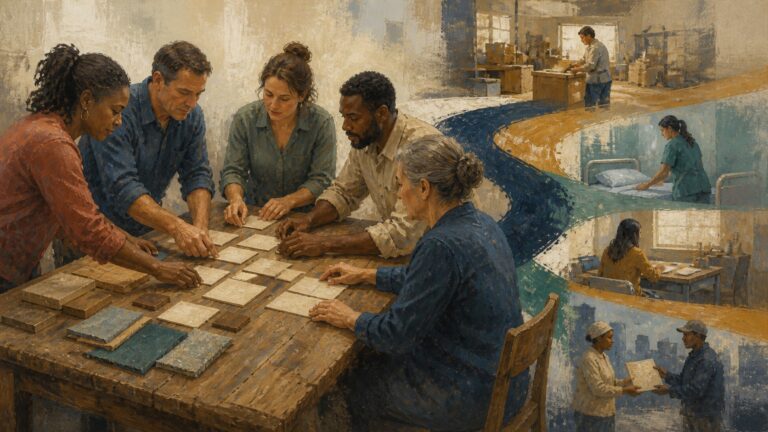Painterly group of adult learners organizes practical materials as pathways extend into Mississippi workplaces.