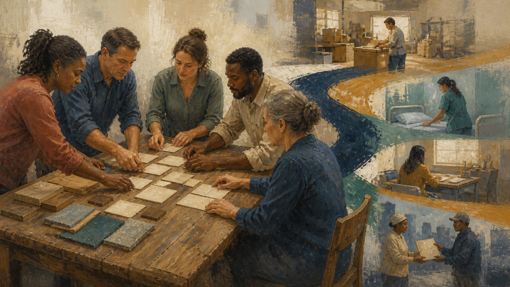 Painterly group of adult learners organizes practical materials as pathways extend into Mississippi workplaces.