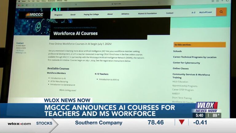 WLOX broadcast still showing the MGCCC Workforce AI Courses webpage