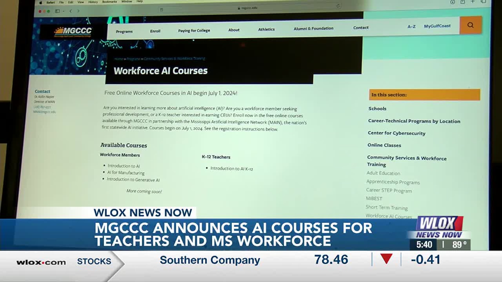 WLOX broadcast still showing the MGCCC Workforce AI Courses webpage