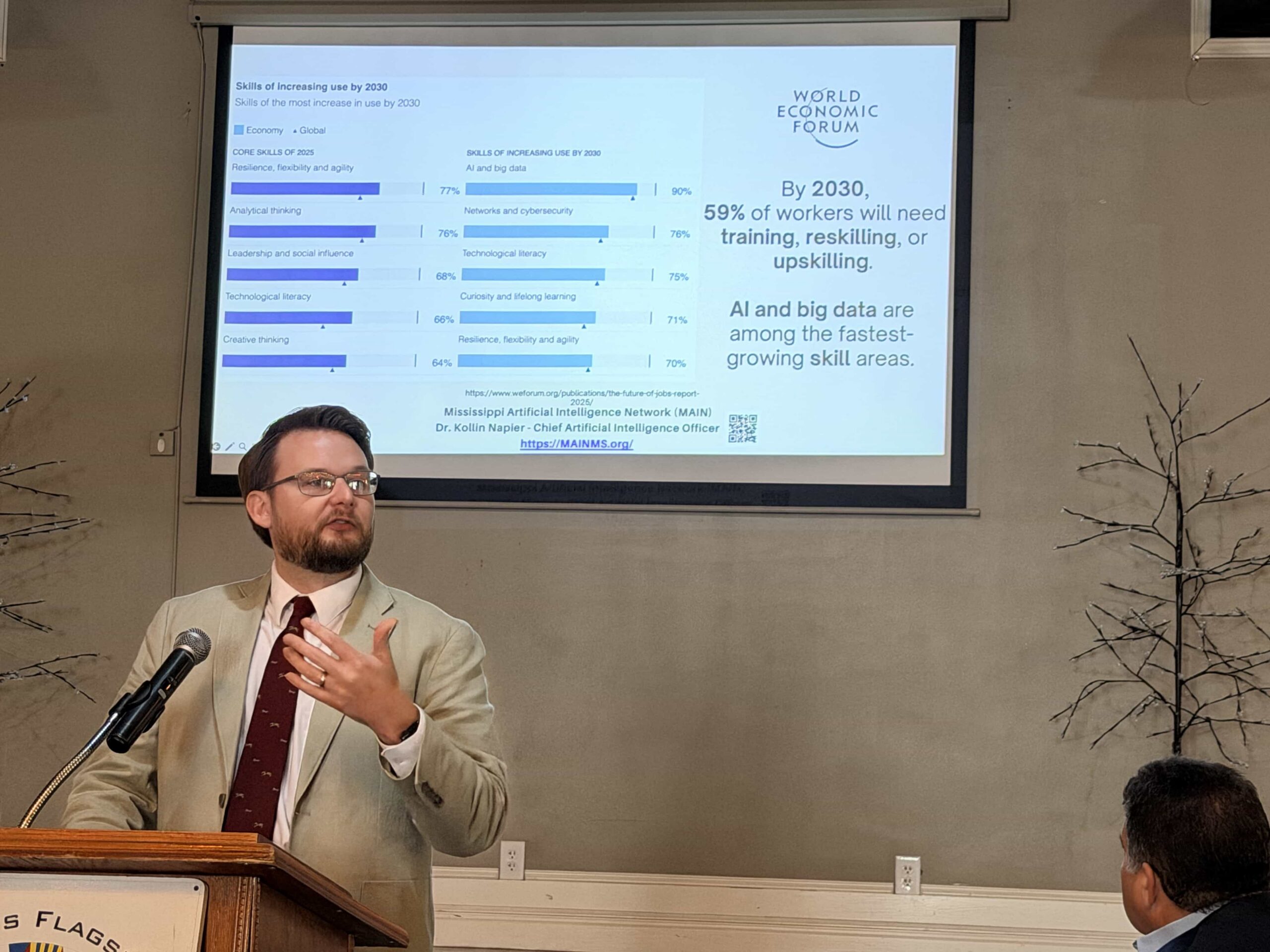 Dr. Kollin Napier speaks at a podium beneath a projected workforce skills slide.