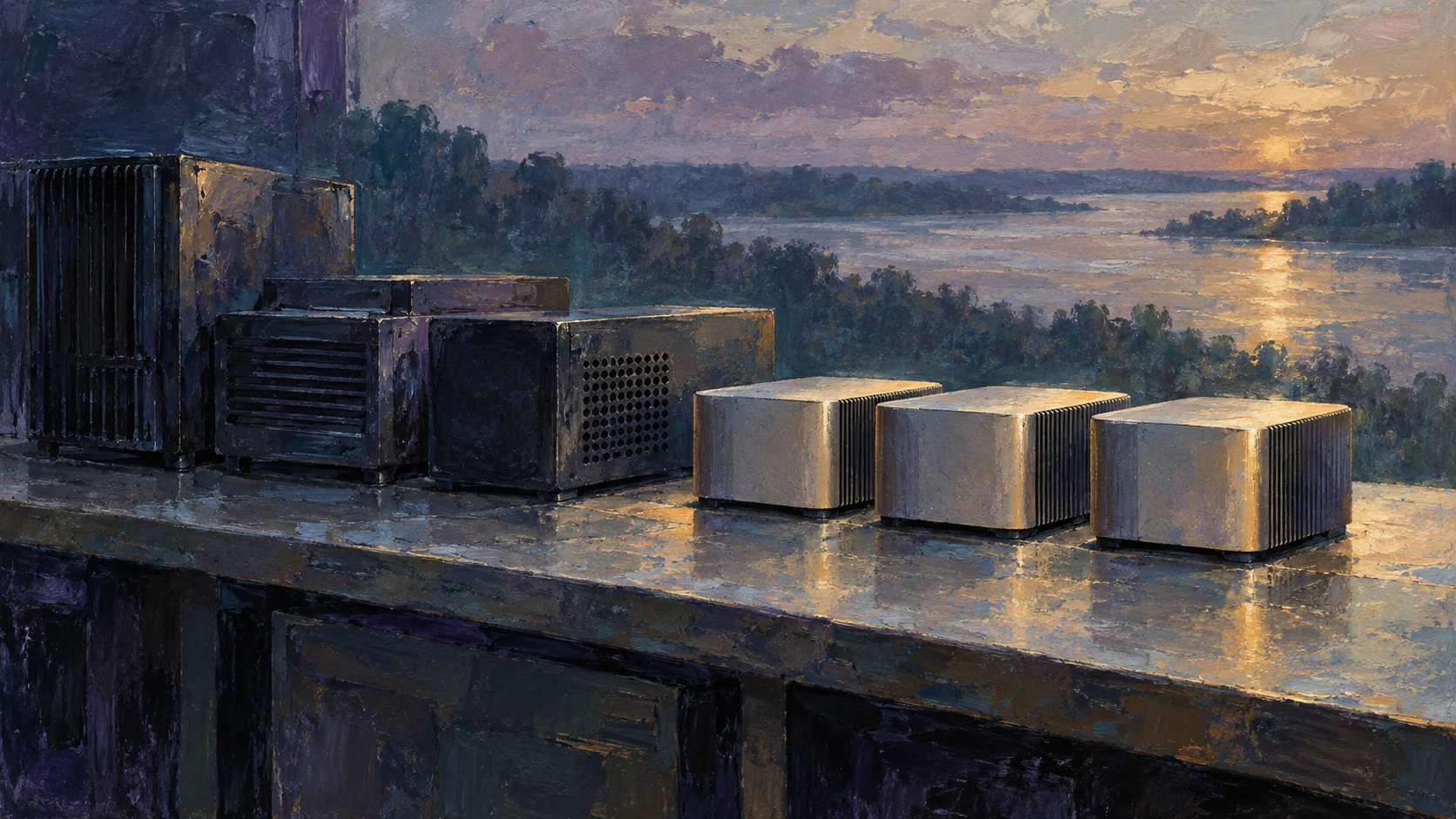 Conceptual painting of compact computing units extending an established work surface.