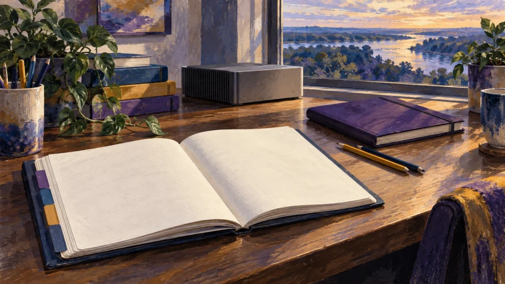 Illustrated study table with an open blank notebook, books, pencils and a compact computer.