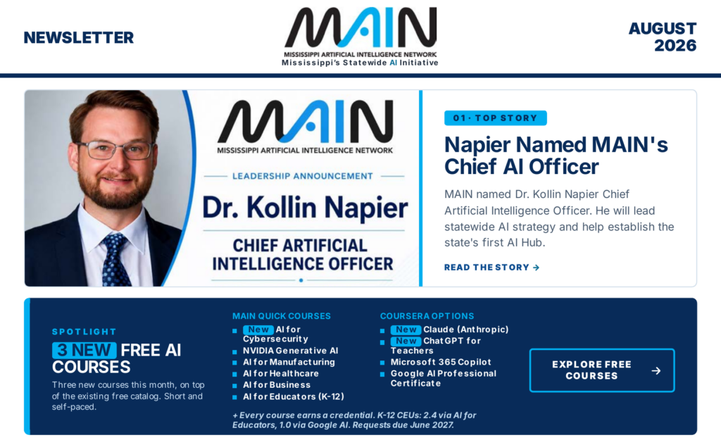 August 2026 MAIN newsletter featuring the Chief AI Officer announcement and free courses