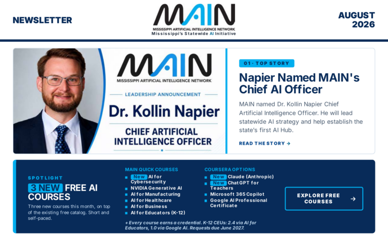 August 2026 MAIN newsletter featuring the Chief AI Officer announcement and free courses