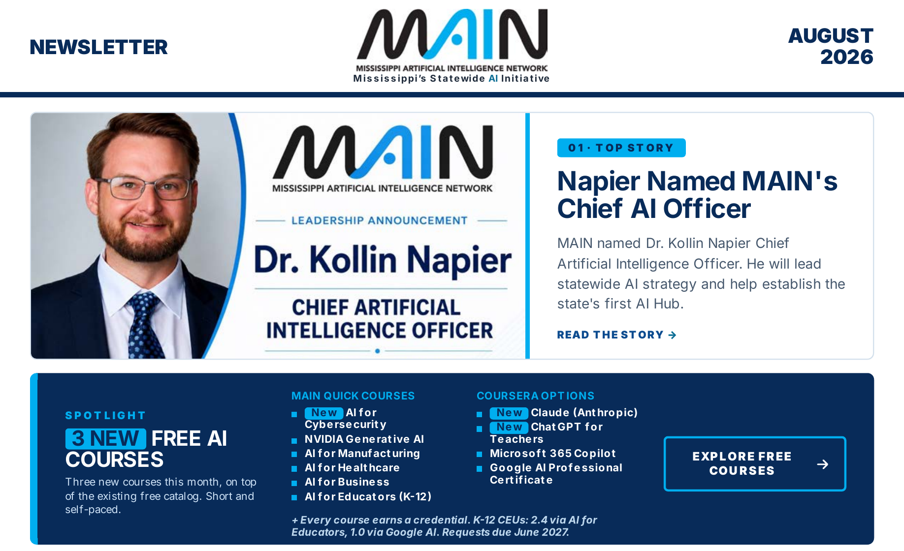 August 2026 MAIN newsletter featuring the Chief AI Officer announcement and free courses