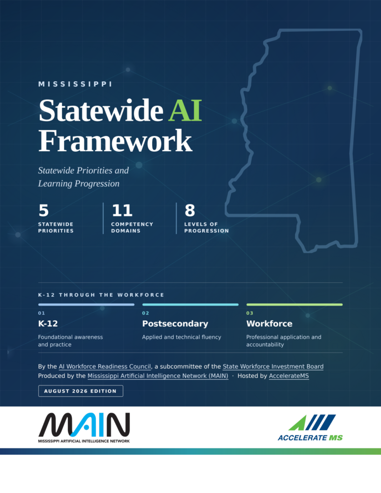 Cover of the August 2026 Mississippi Statewide AI Framework, produced by MAIN and hosted by AccelerateMS.