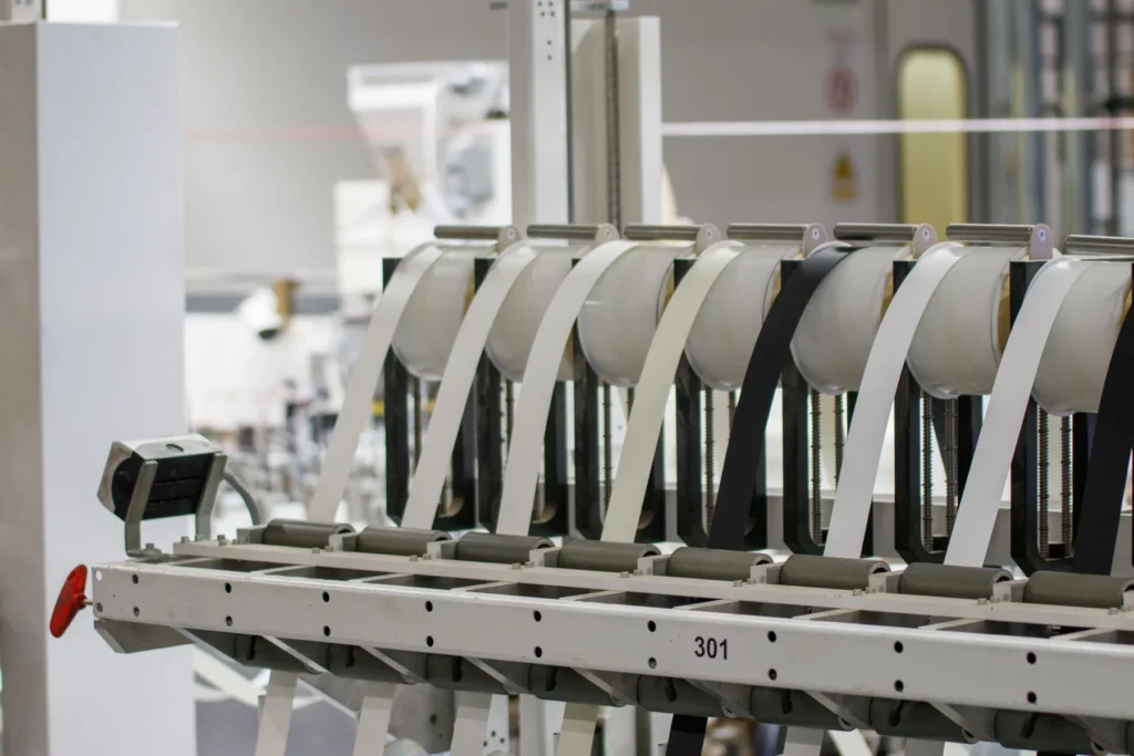Industrial rollers and material-feed equipment in a manufacturing setting.