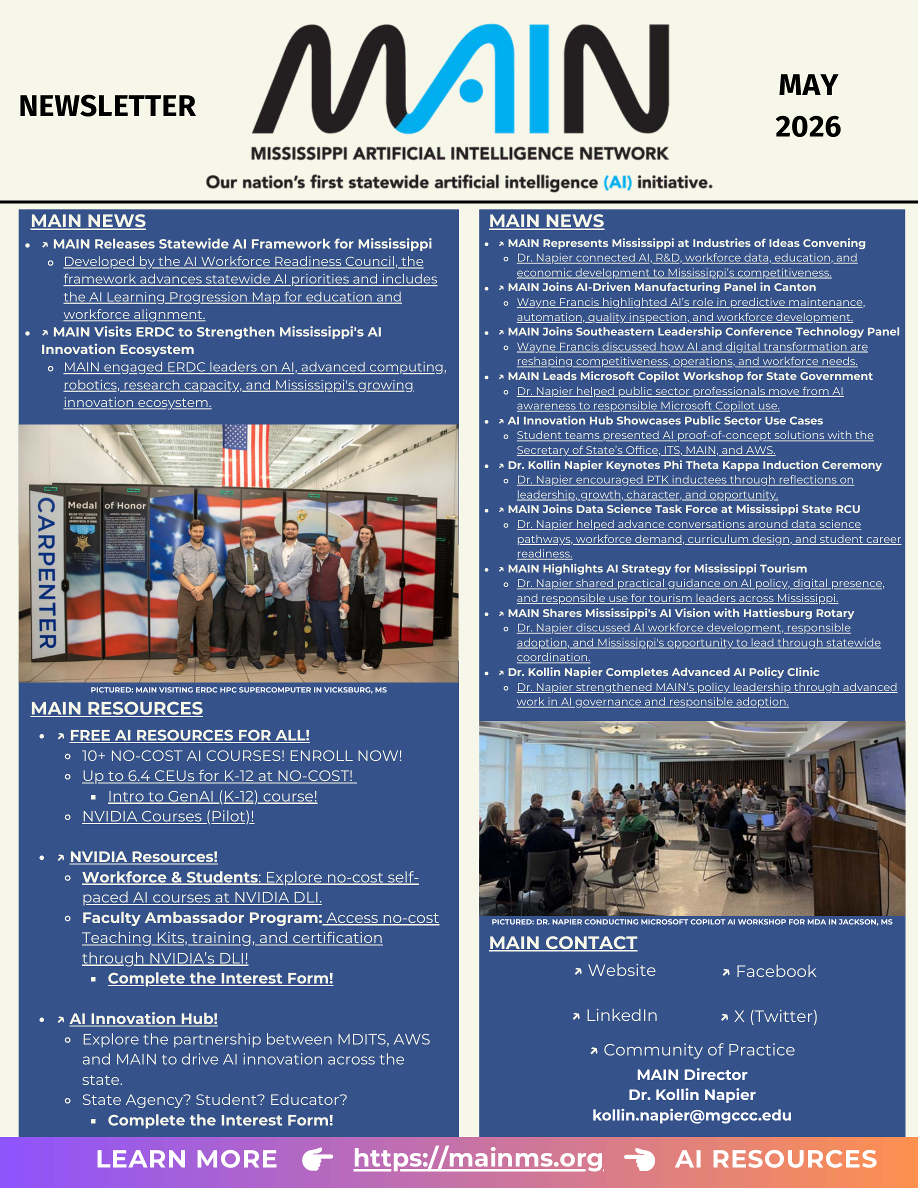 May 2026 MAIN newsletter cover with ERDC visit and Microsoft Copilot workshop photographs