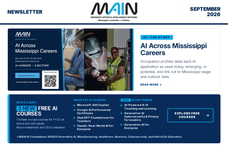 September 2026 MAIN newsletter featuring AI Across Mississippi Careers and new courses