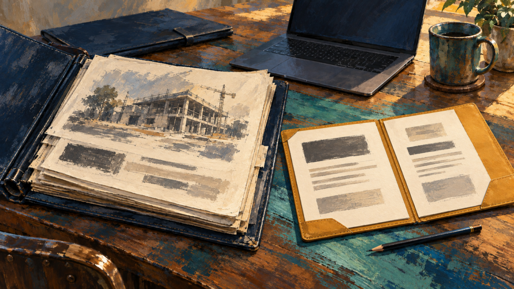 Painterly project portfolio and concise client brief beside a laptop, representing AI-assisted business development in construction.