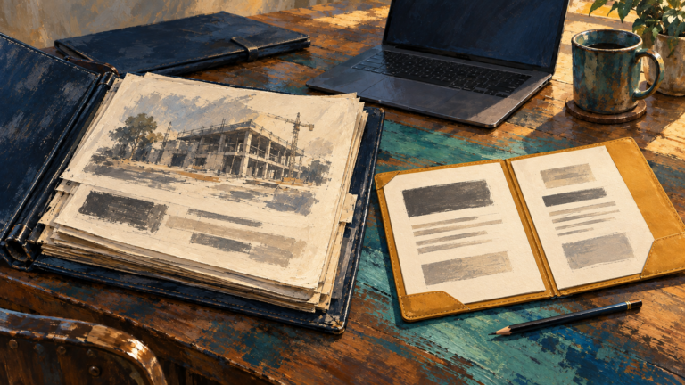 Painterly project portfolio and concise client brief beside a laptop, representing AI-assisted business development in construction.