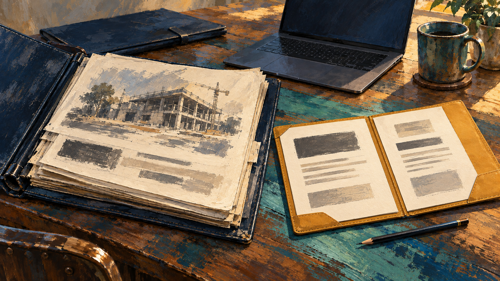 Painterly project portfolio and concise client brief beside a laptop, representing AI-assisted business development in construction.