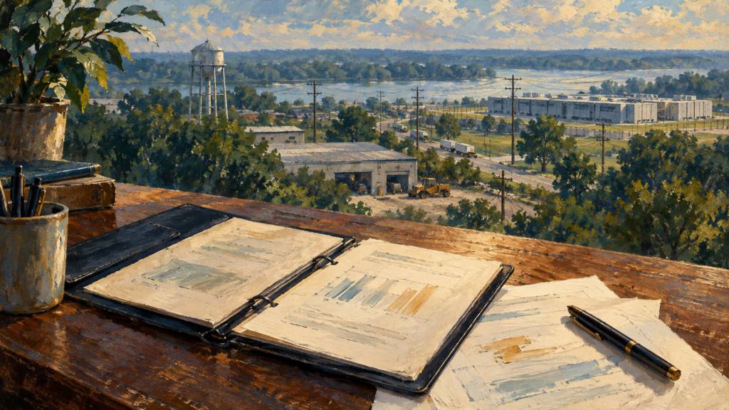 Painterly financial documents overlook an imagined civic and industrial landscape, representing analysis of local economic capacity.