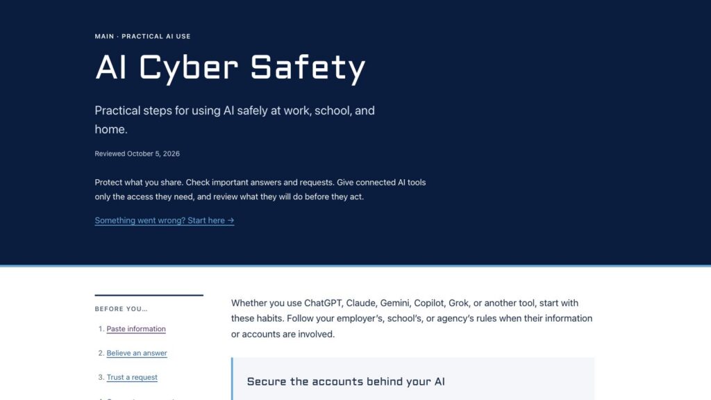 The AI Cyber Safety resource on MAIN’s website, with its practical-use introduction and action-section navigation.