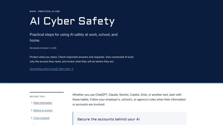 The AI Cyber Safety resource on MAIN’s website, with its practical-use introduction and action-section navigation.