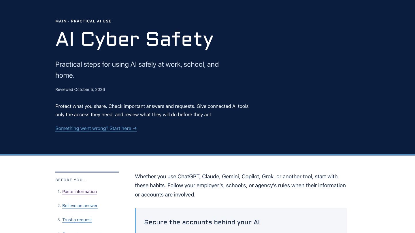 The AI Cyber Safety resource on MAIN’s website, with its practical-use introduction and action-section navigation.