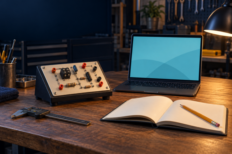 Conceptual technical-training workbench with an unpowered practice board, caliper, notebook and laptop.