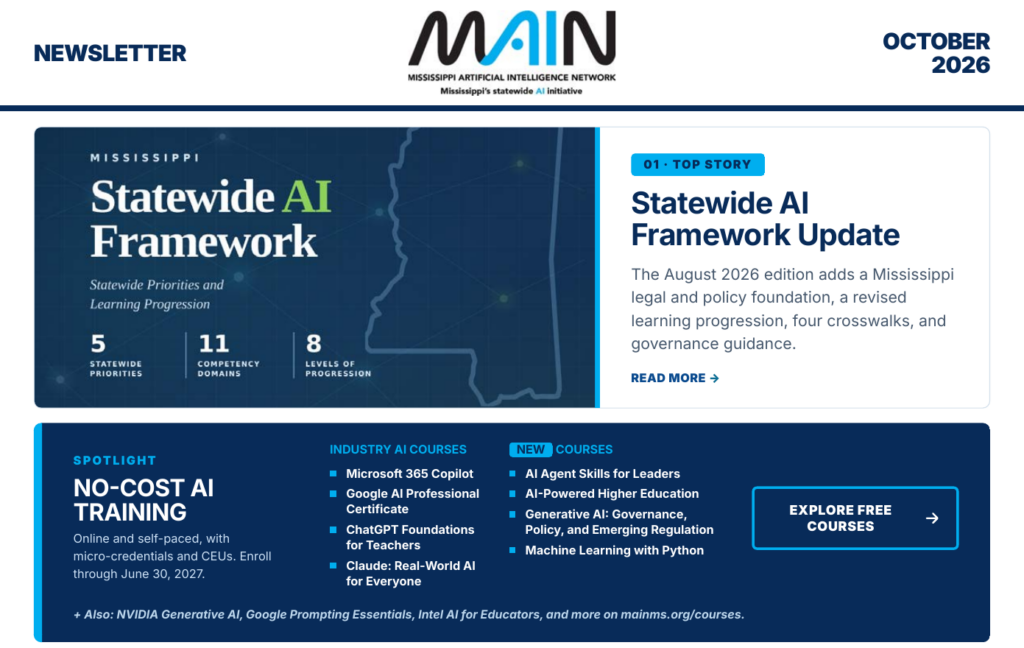 October 2026 MAIN newsletter masthead with the statewide AI framework update and free AI training spotlight.