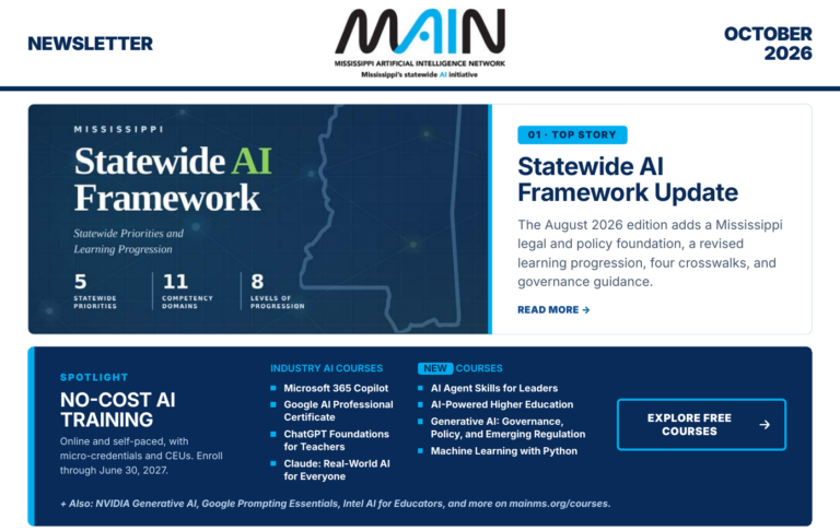 October 2026 MAIN newsletter masthead with the statewide AI framework update and free AI training spotlight.
