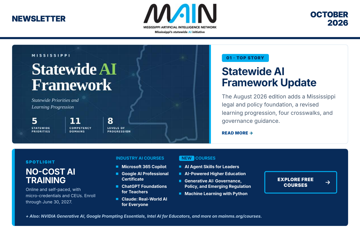 October 2026 MAIN newsletter masthead with the statewide AI framework update and free AI training spotlight.