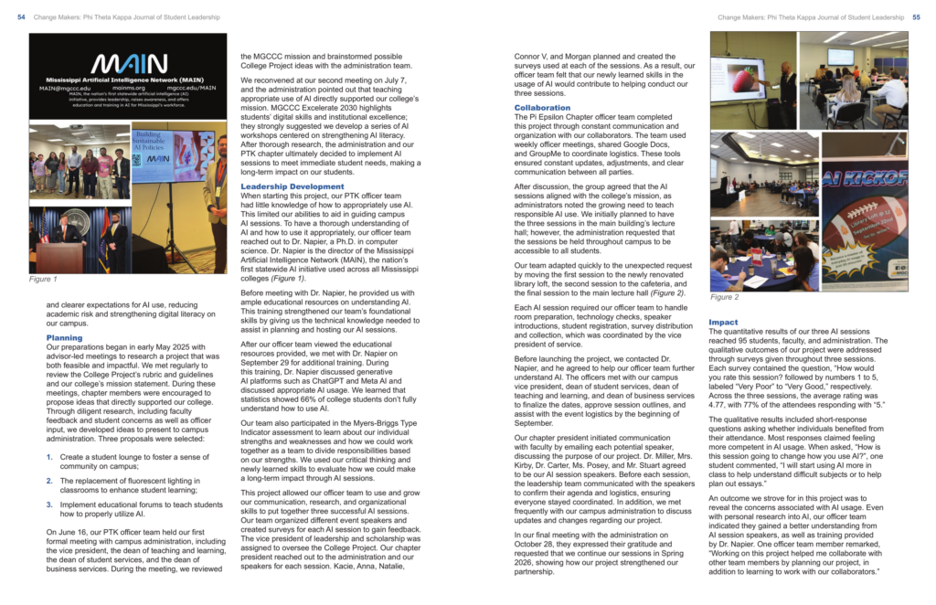 Pages 54 and 55 of Change Makers showing Pi Epsilon’s AI literacy project, MAIN training and campus sessions, rendered directly from the journal PDF.