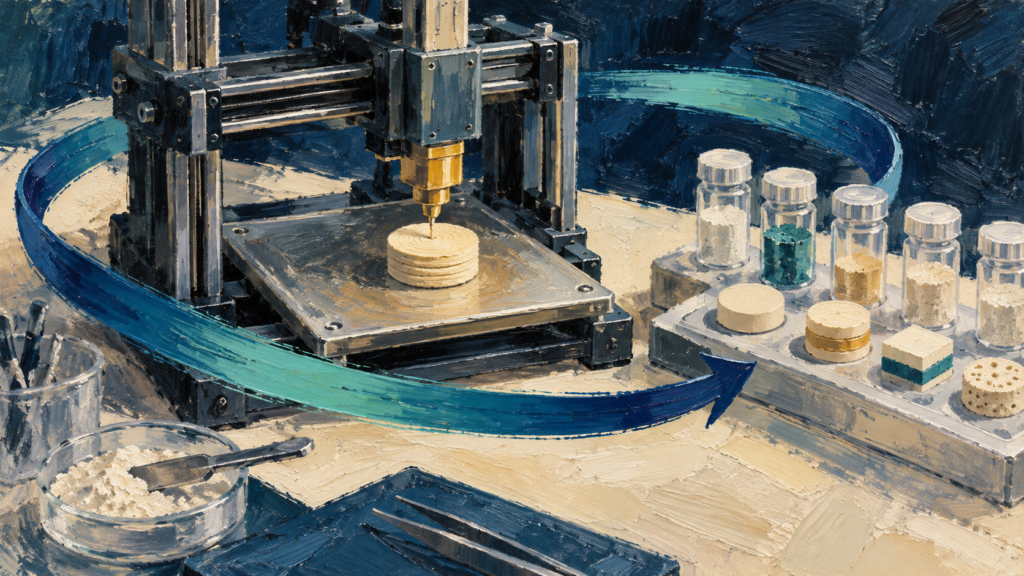 Conceptual painting of a benchtop printer, layered dosage forms and sample vessels linked by a blue feedback arrow.