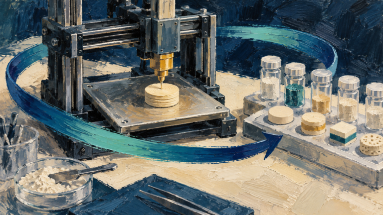 Conceptual painting of a benchtop printer, layered dosage forms and sample vessels linked by a blue feedback arrow.